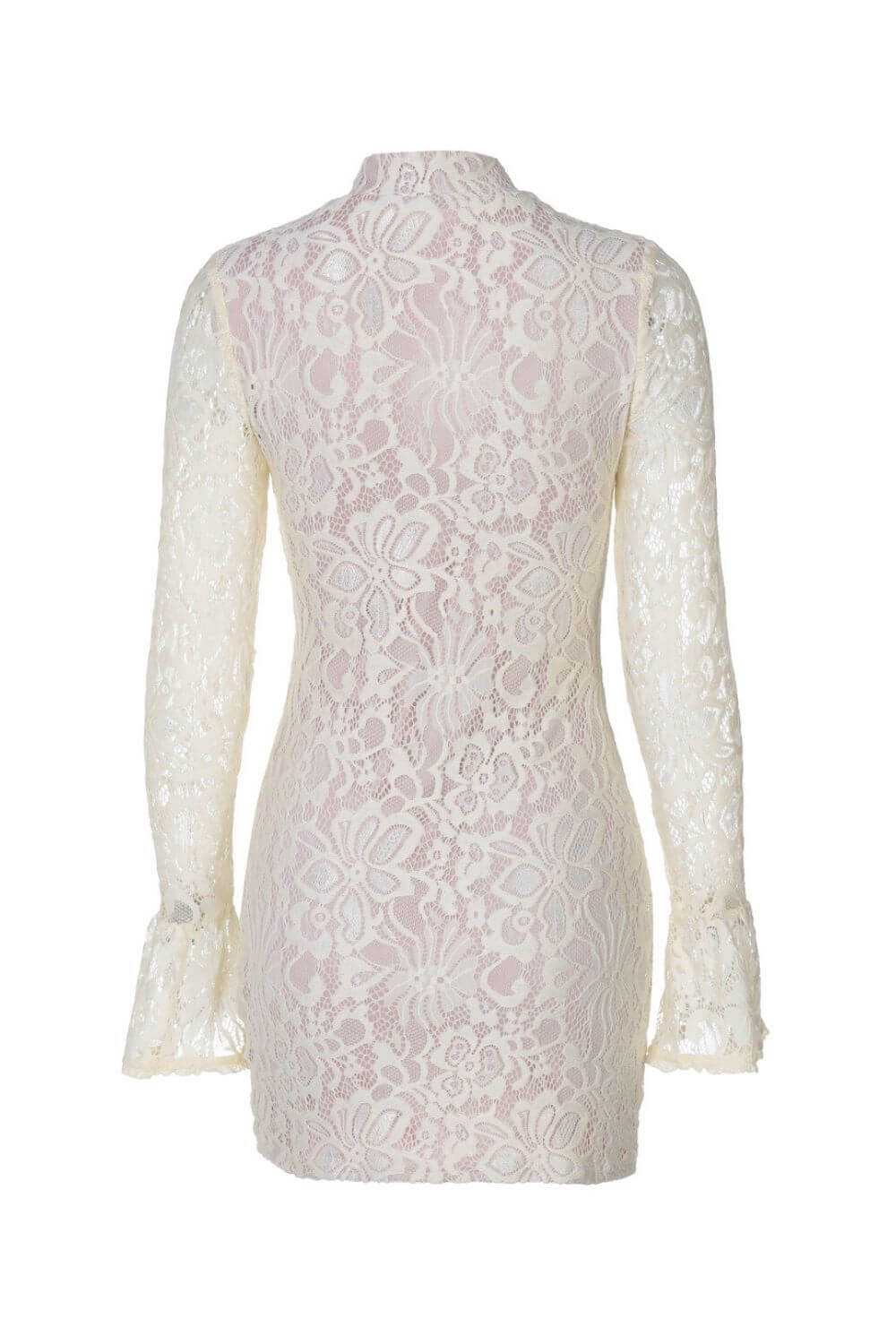 Sorelle | Vestido Curto em Renda Floral Off-White com Manga Longa e Recorte Frontal