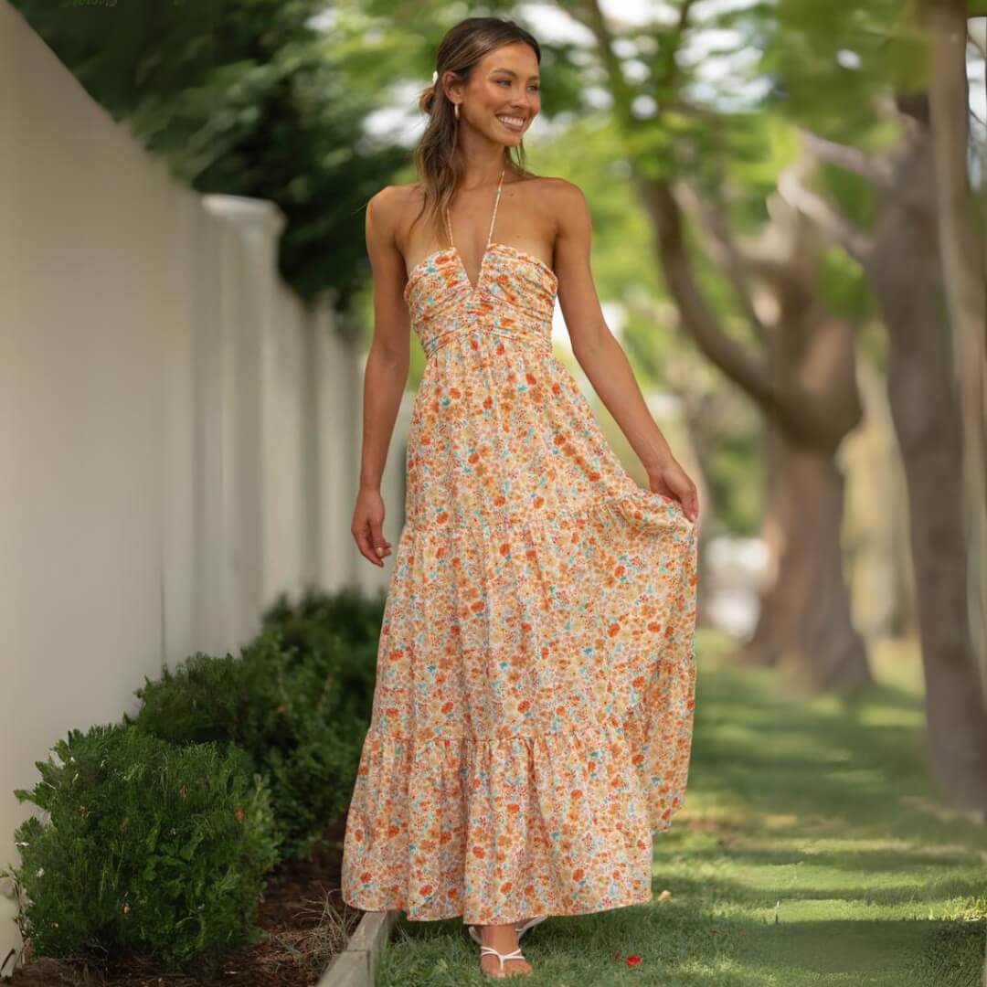 Melissa | Vestido Longo Floral Pêssego com Tule e Decote em V