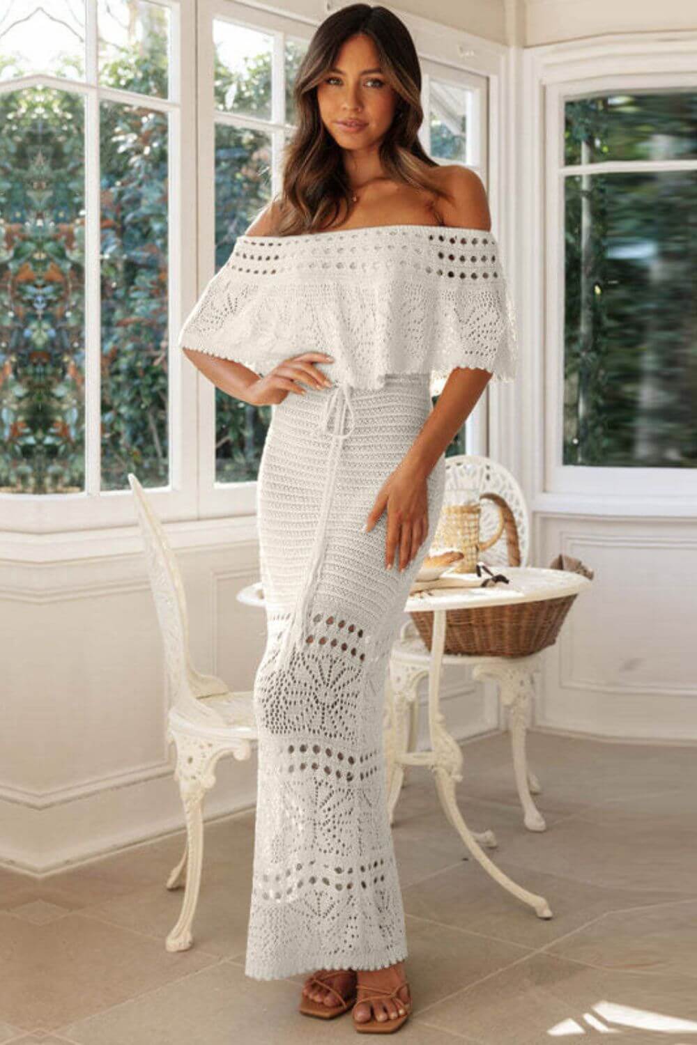 Isabela | Vestido Longo em Renda Off-White com Off-Shoulder e Franzido