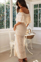 Isabela | Vestido Longo em Renda Off-White com Off-Shoulder e Franzido
