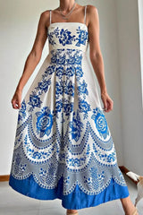 Lorena | Vestido Midi Azul Royal com Estampa Mandala