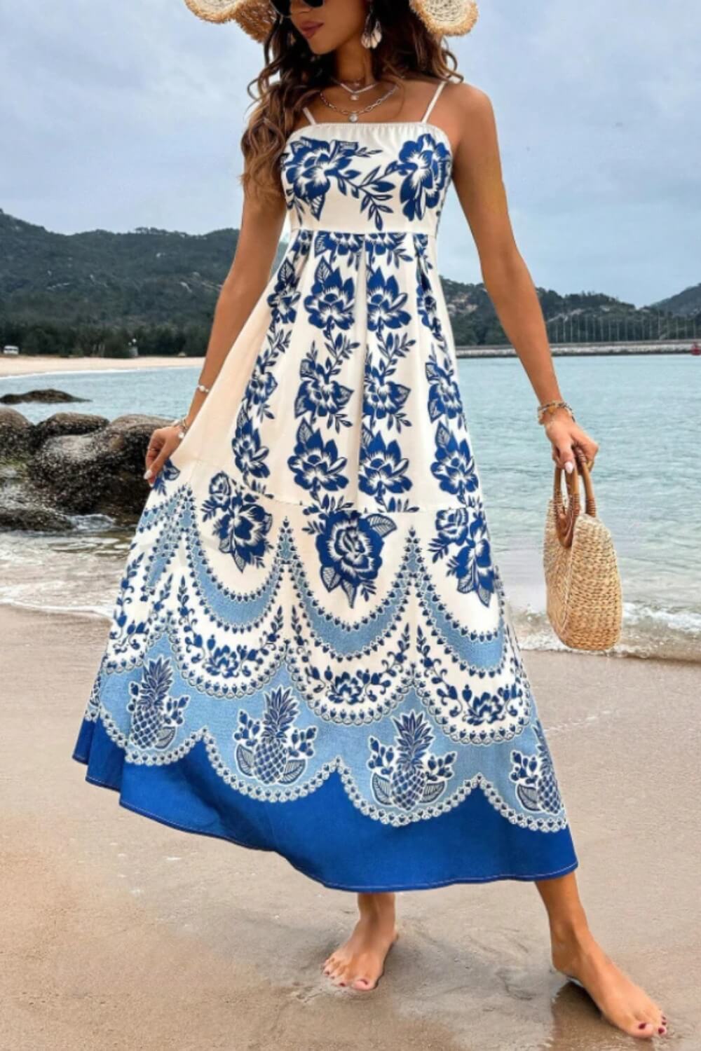 Lorena | Vestido Midi Azul Royal com Estampa Mandala