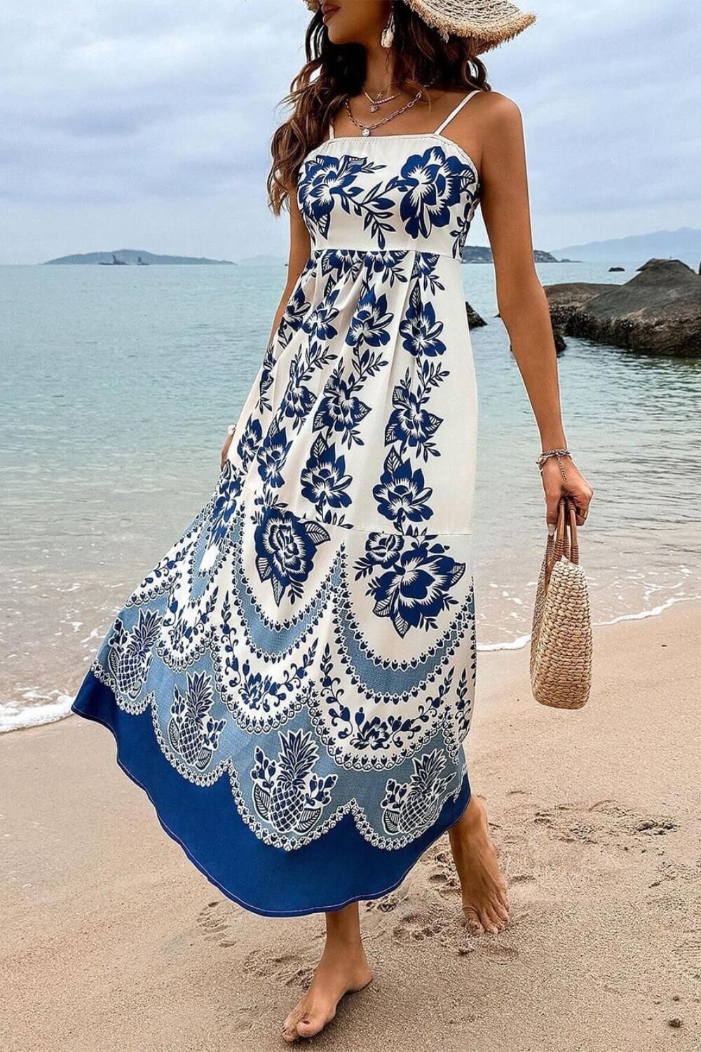 Lorena | Vestido Midi Azul Royal com Estampa Mandala