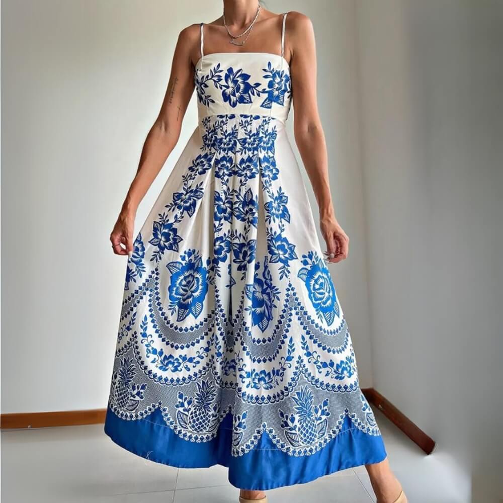 Lorena | Vestido Midi Azul Royal com Estampa Mandala