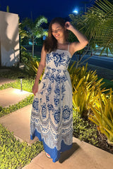 Lorena | Vestido Midi Azul Royal com Estampa Mandala